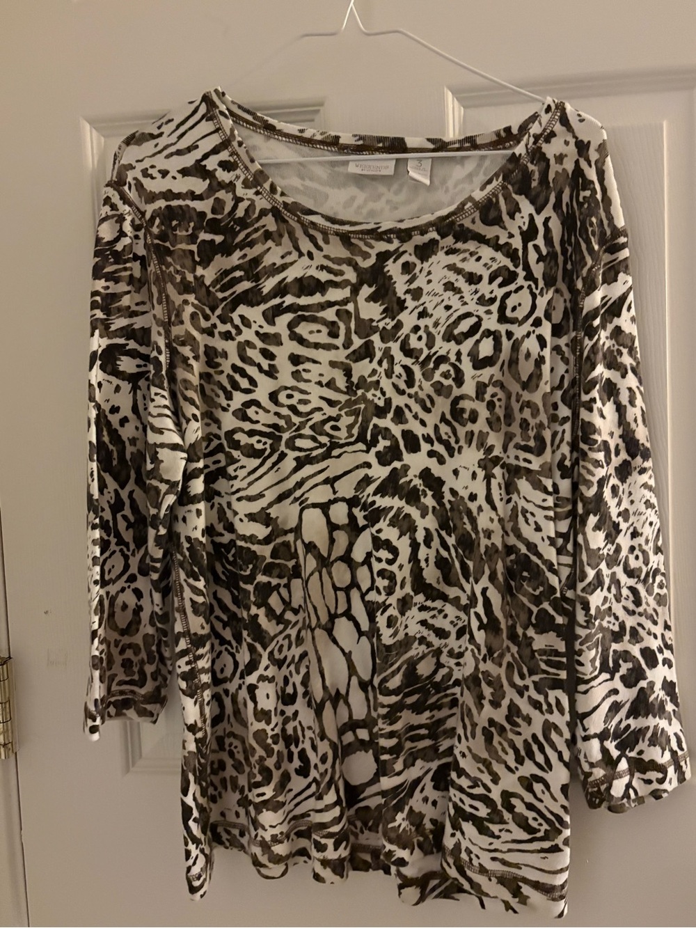 Chico's White and Brown Animal-Print Long Sleeve Tee